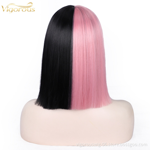 Black And Pink Girl's Colorful Hair Short Straight Wave Wigs With Bangs For Women Synthetic None Lace Bob Wig Shoulder Length